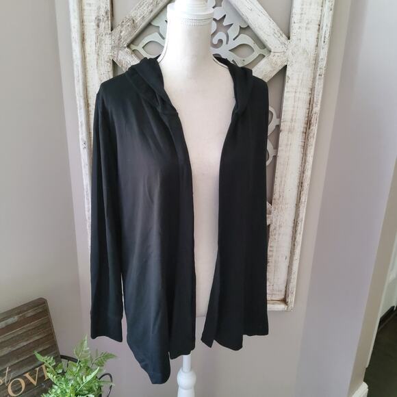 Xersion Women's Long Sleeve Hooded Ruched Tie Open Cardigan Cover Up in Black - Picture 1 of 6